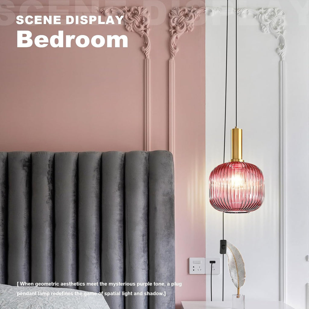 7.9' Pink Glass Plug in Hanging Lights Gold 2 Pack Pendant Light Black 14.75Ft Plug in Cord Striped Shade Modern Chandelier for Kitchen Dining Room Living Room Bedroom