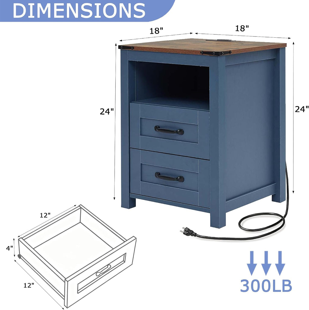 Farmhouse Nightstand Set of 2, Bedside Table with 2 Drawers Storage, Rustic Night Stand with Charging Station, End Table with Open Shelf for Bedroom, Blue