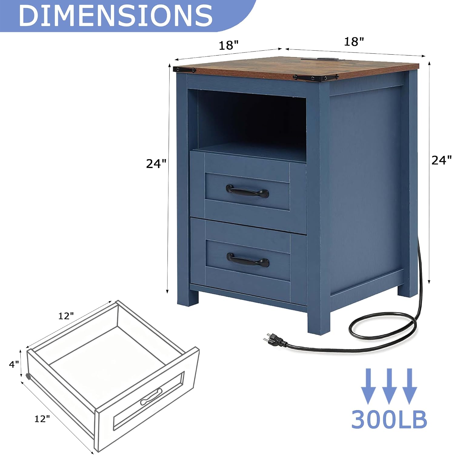 Farmhouse Nightstand Set of 2, Bedside Table with 2 Drawers Storage, Rustic Night Stand with Charging Station, End Table with Open Shelf for Bedroom, Blue