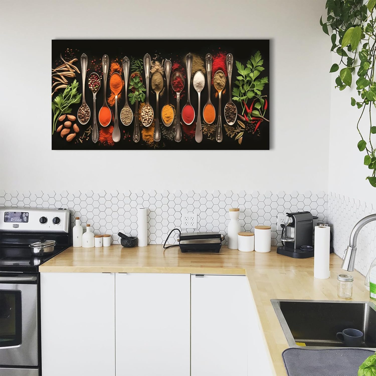 Wewejia Kitchen Pictures Wall Decor 58x28 inch, Couful Spice in Spoon Vintage Canvas Wall Art Food Photos Painting On Canvas Stretched Framed Home Decoration Gift Ready to Hang