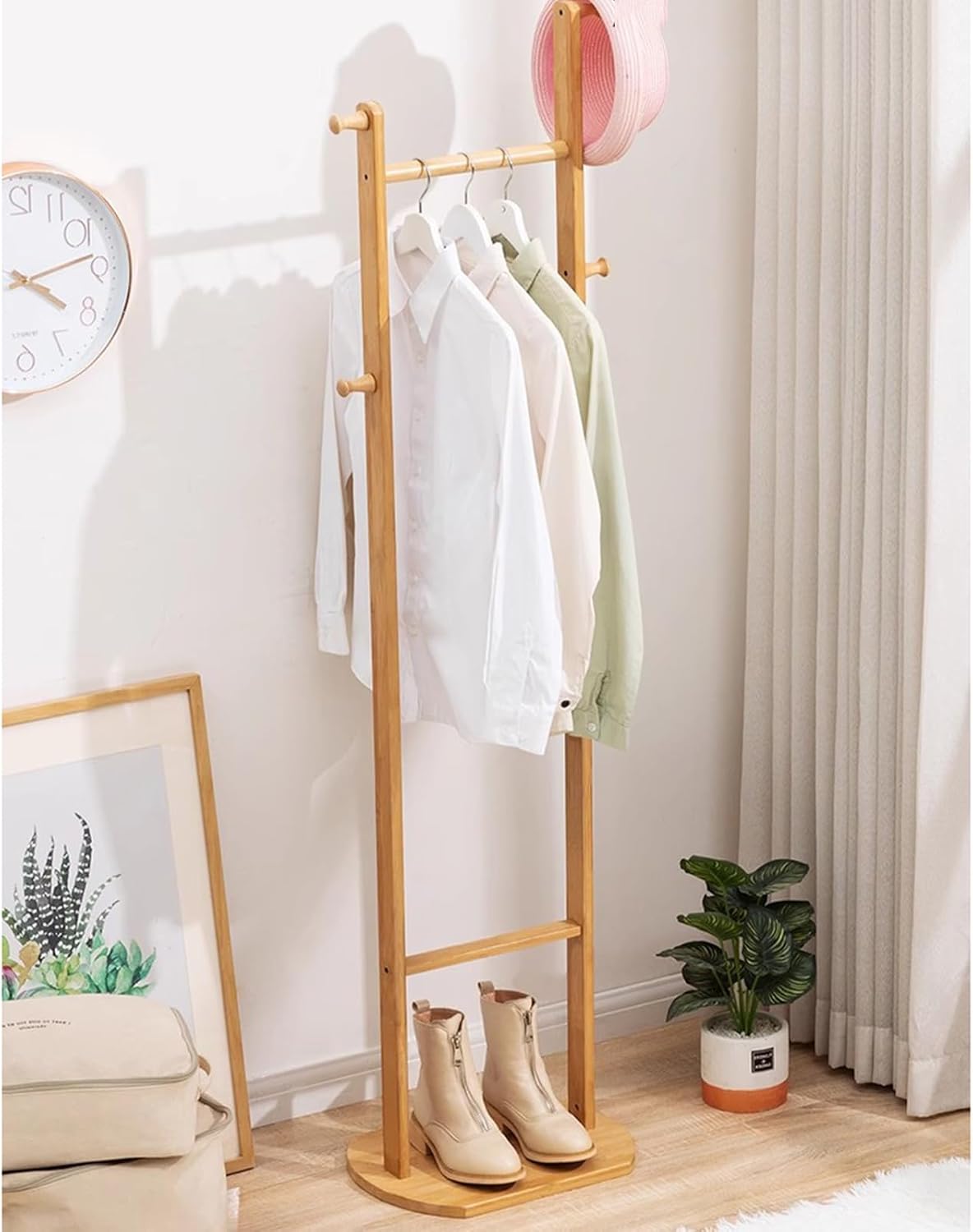 Garment Rack Bamboo Clothing Rack Corner Coat Rack Stand Hall Trees Free Standing Clothes Hanging Rail With Shelves And 4 Hooks For Entryway Bedroom Living Room, 40X30X162CM(Color:Wood color)