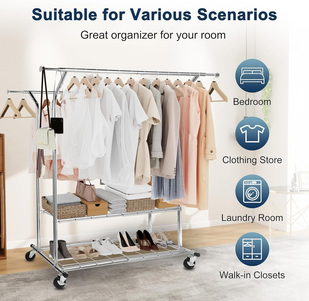 Whitmor Heavy Duty Clothing Rack: Adjustable & Extendable Rolling Garment Rack with Lockable Wheels, Double Rod Clothing Racks with 2 Bottom Shelves, Max Load 500LBS for Hanging Clothes, Chrome