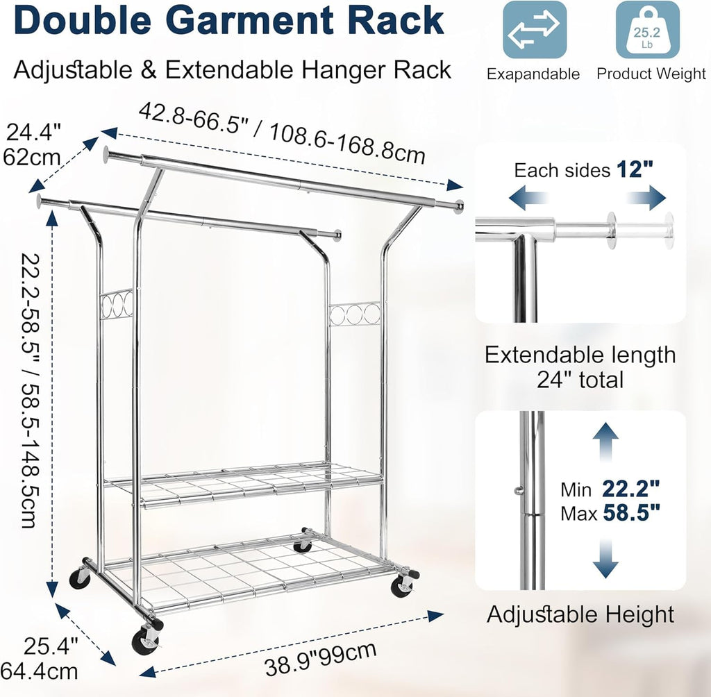 Whitmor Heavy Duty Clothing Rack: Adjustable & Extendable Rolling Garment Rack with Lockable Wheels, Double Rod Clothing Racks with 2 Bottom Shelves, Max Load 500LBS for Hanging Clothes, Chrome
