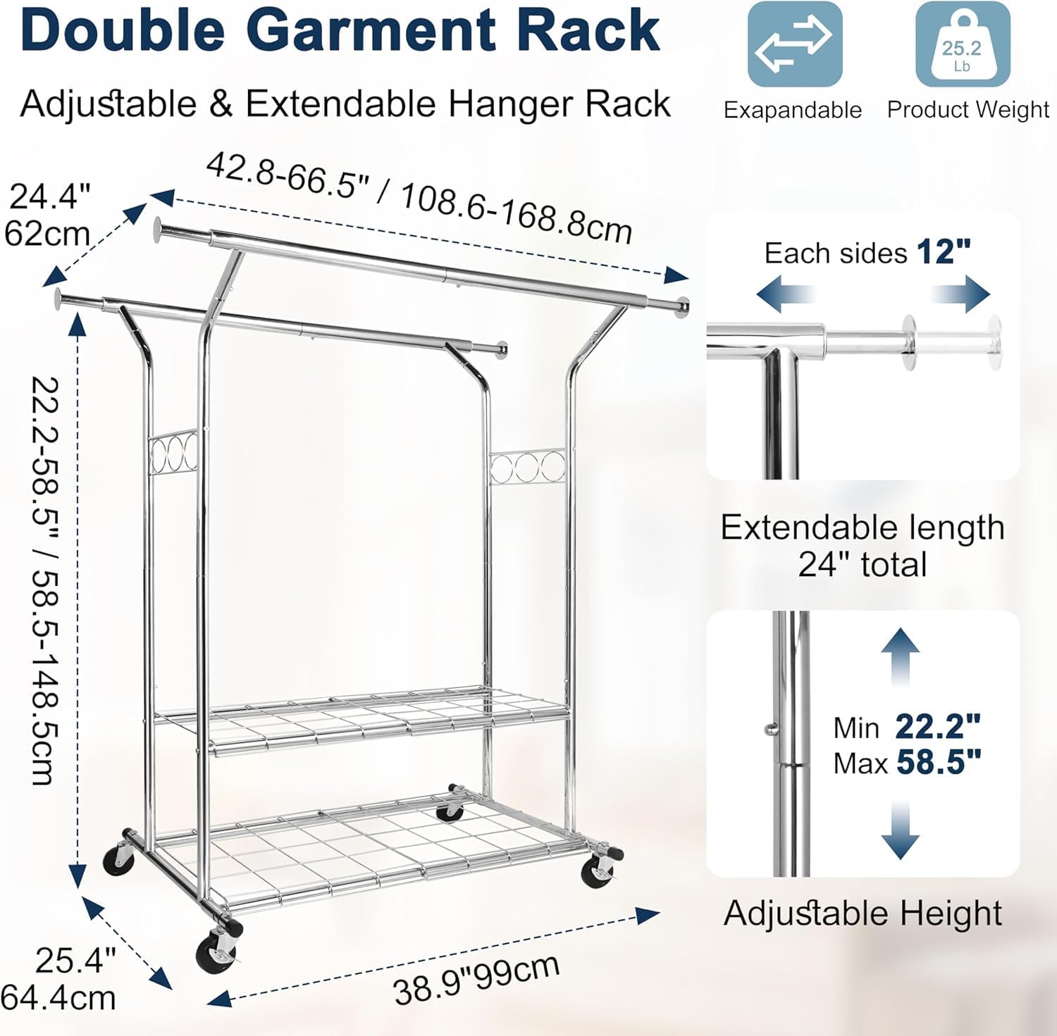Whitmor Heavy Duty Clothing Rack: Adjustable & Extendable Rolling Garment Rack with Lockable Wheels, Double Rod Clothing Racks with 2 Bottom Shelves, Max Load 500LBS for Hanging Clothes, Chrome