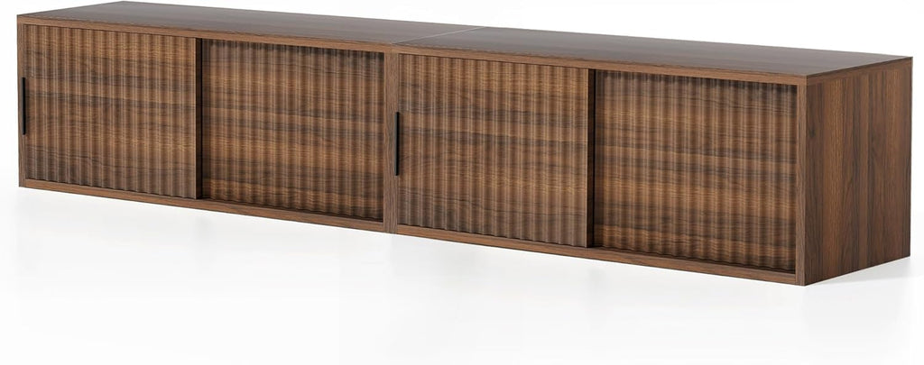 EYYTHUNG Large Floating TV Stands Set of 2, Modern Fluted Nightstands Wall Mounted Bedside Table Storage Cabinet with Sliding Doors for Living Room, Bedroom, Brown