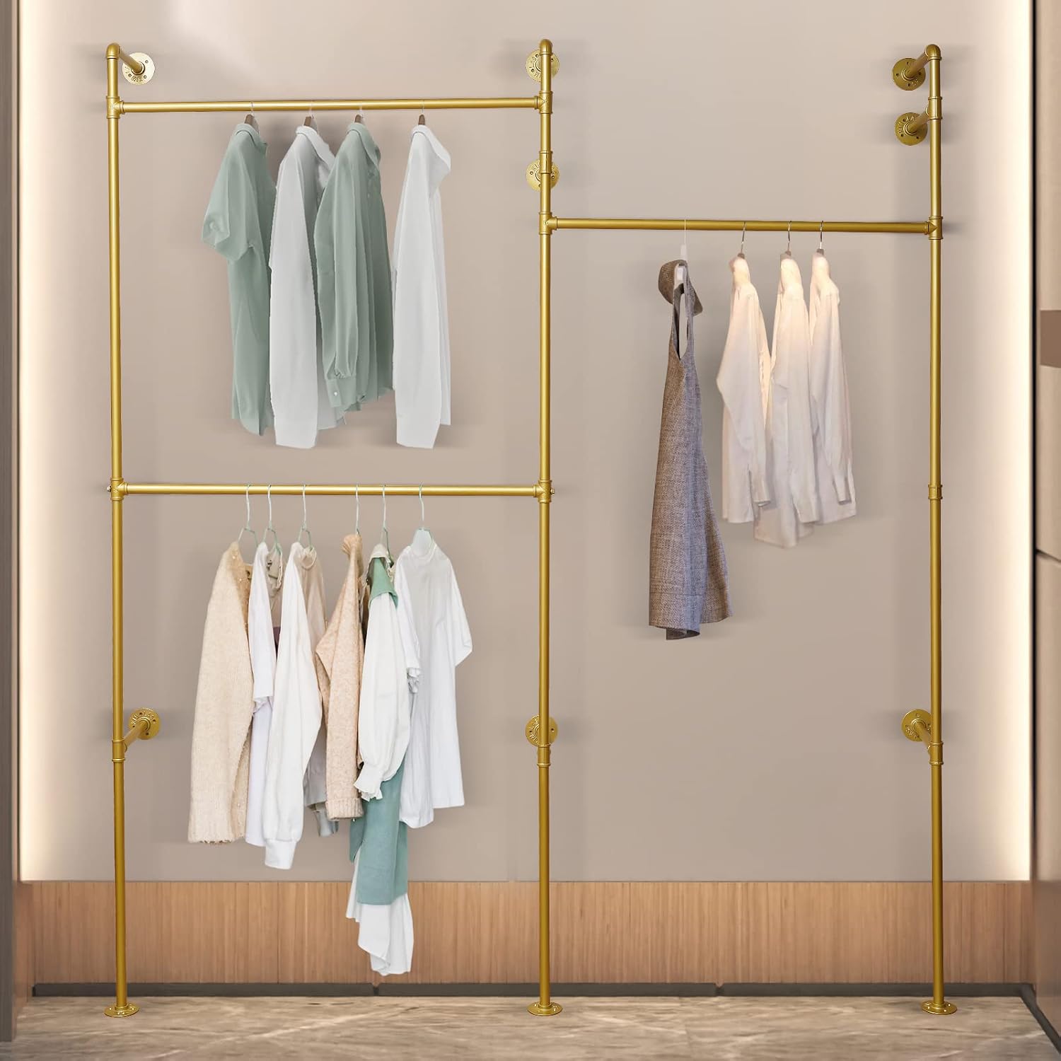 Wall Mounted Clothes Rack, Portable Vintage Rolling Coat Rack Heavy Duty Iron Pipe Garment Hanger Rustic Metal Garment Frame Industrial Pipe Clothing Display Rack for Living Room Bedroom (Gold)