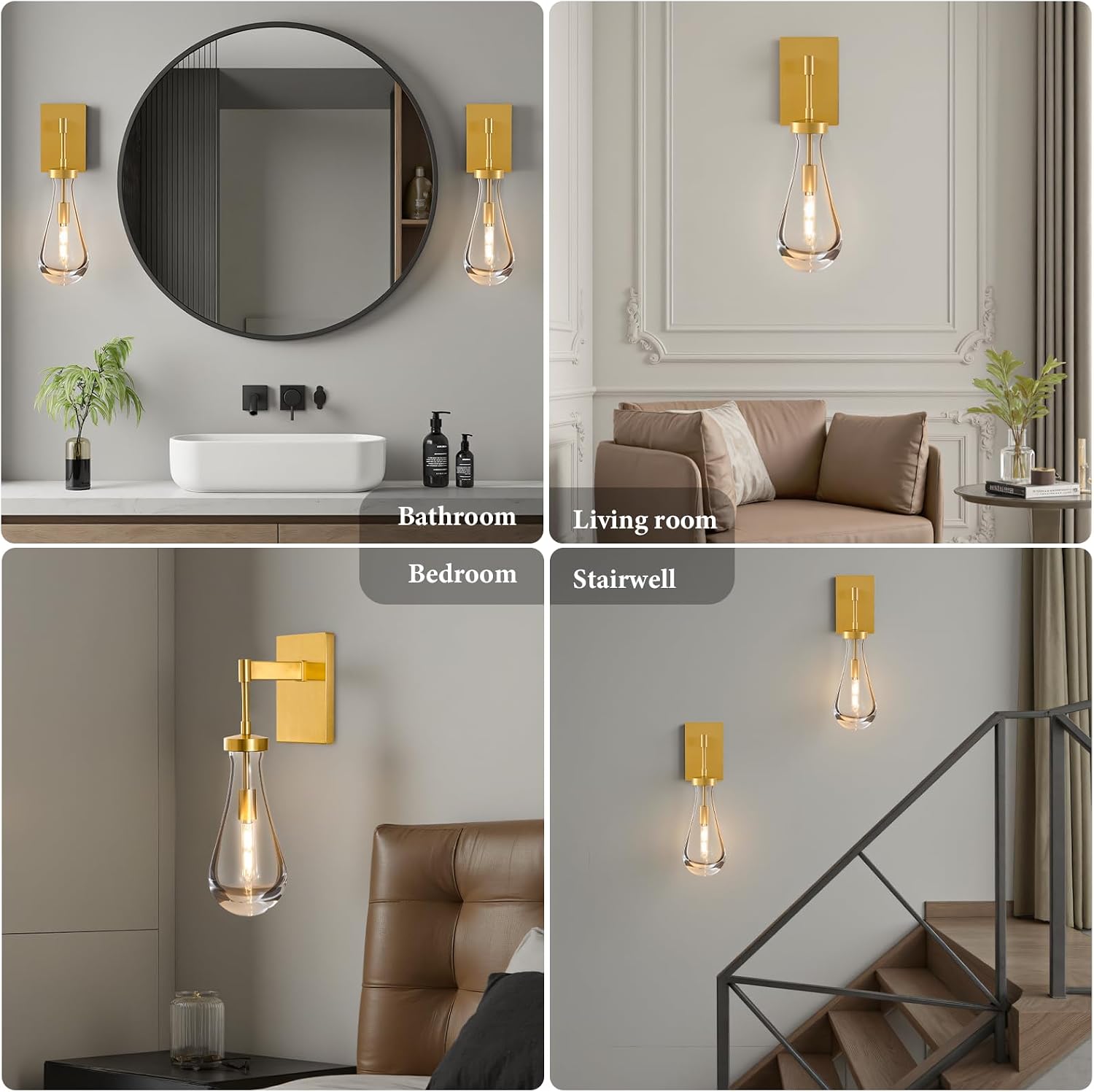 Raindrop Brass Crystal Wall Sconce: Set of 2 Clear Solid Indoor Sconces with Bulbs - Luxury Modern Gold Light Fixtures - Dimmable Vanity Lamp for Bedroom Living Room Bathroom Hallway Bedside Lighting