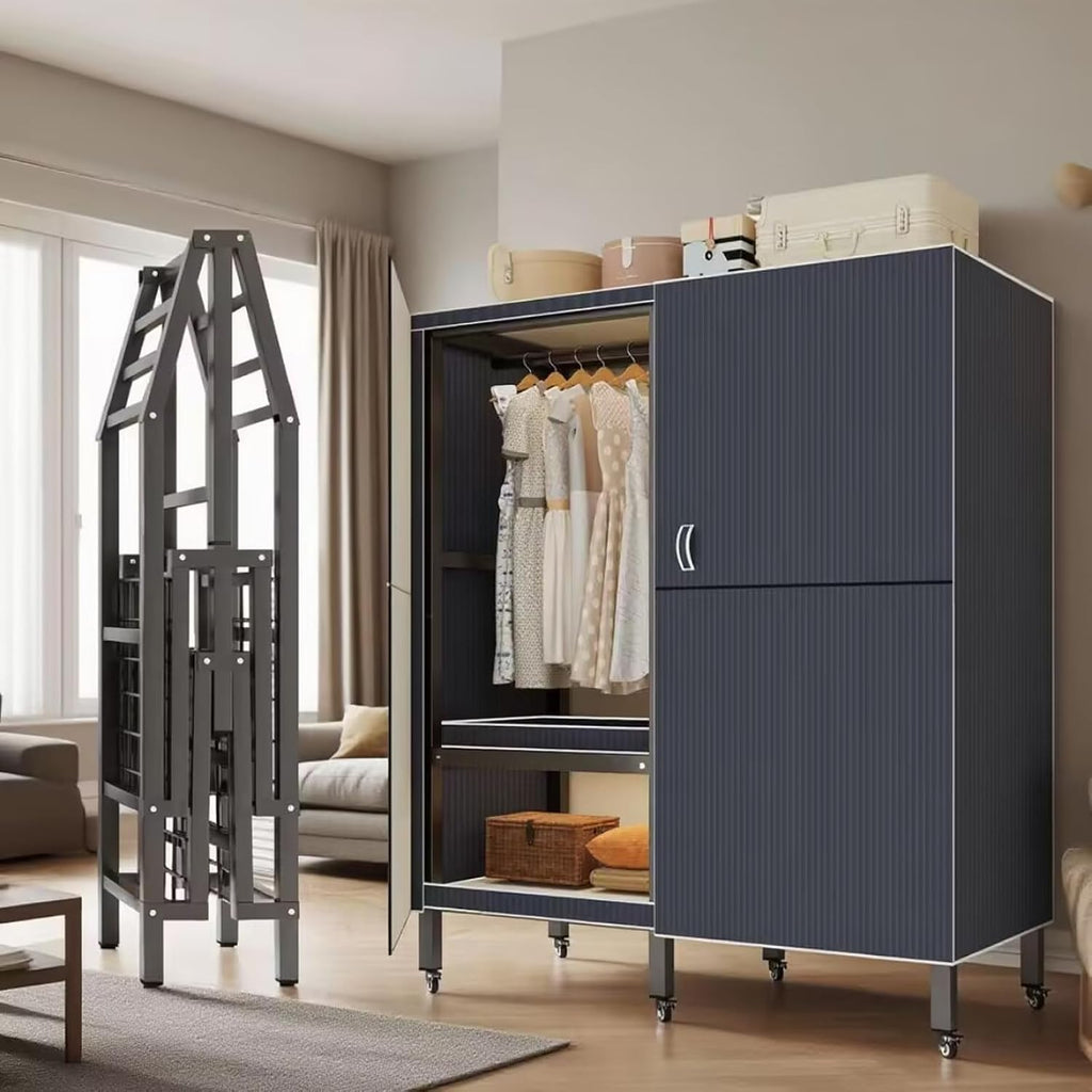 Foldable Portable Wardrobe On Wheels, Freestanding Garment Rack, with Magnetic Door 2000lbs, Heavy Duty Clothes Rack, for Bedroom Closet Systems (Gray Blue, 100CM/39IN)
