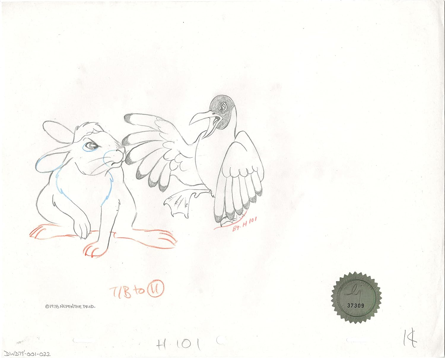 Watership Down 1978 Production Animation Cel Drawing of Bigwig and Kehaar with Linda Jones Seal and Certificate of Authenticity 001-22