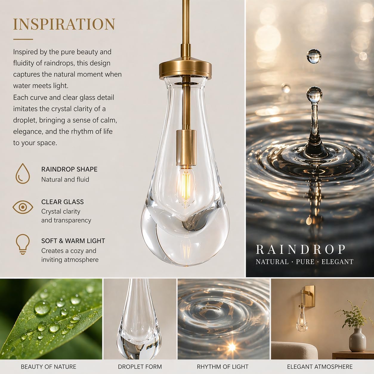 Raindrop Brass Wall Sconces Set of 2, Teardrop Glass Brushed Gold Dimmable Wall Lights with E12 Bulbs Included, Hardwired Bathroom Vanity Light for Bedroom, Living Room, Hallway, Stairway, Foyer, Home