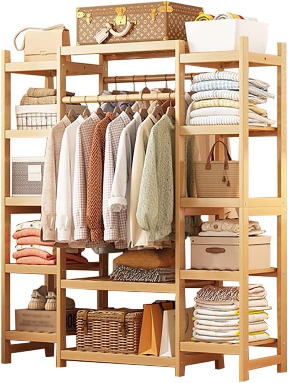 Bamboo Clothes Rail with 2 Hanging Rods and 11 Storage Shelves Portable Extra Large Garment Rack for Hallway Entryway Bedroom 160CM Height Wood Color Adjustable Sizes: 110/120/130/140/160CM