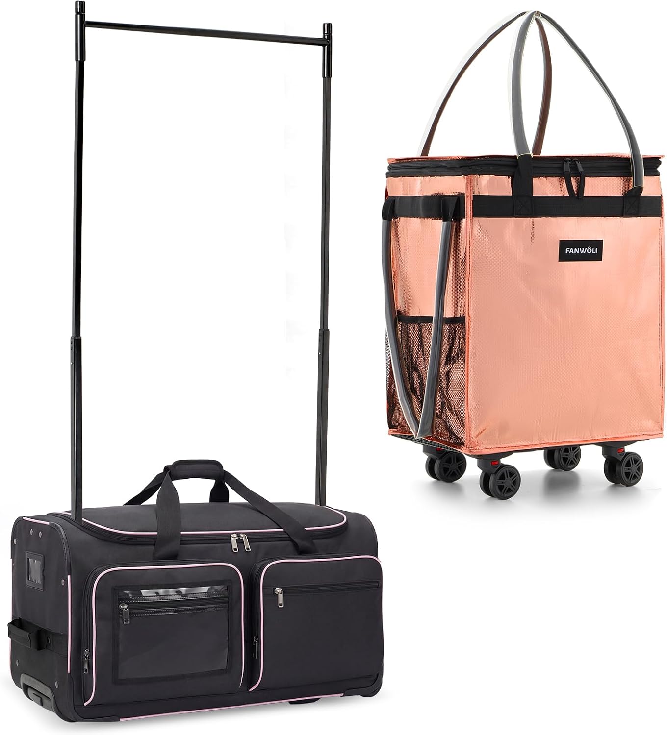 Fanwoli Dancer's Mobile Combo:80L Reusable Grocery Bag on Wheels + 23' Dance Bag with Garment Rack|Upgrade Stability, Simplify Your Move| Ideal for Competitions, Rehearsals & Daily Errands