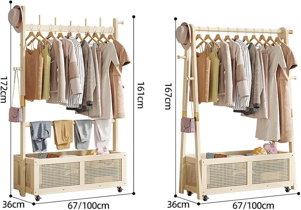 Free Standing Coat Stand with Hanging Rod, Bamboo Clothes Rail Stand with Large Capacity Rattan Storage Basket, Mobile Garment Rack with Wheels, for Bedroom Hallway