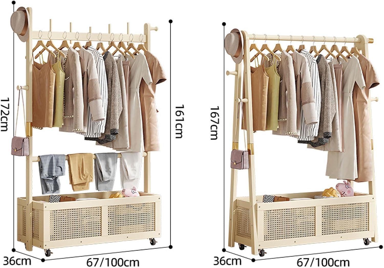 Free Standing Coat Stand with Hanging Rod, Bamboo Clothes Rail Stand with Large Capacity Rattan Storage Basket, Mobile Garment Rack with Wheels, for Bedroom Hallway