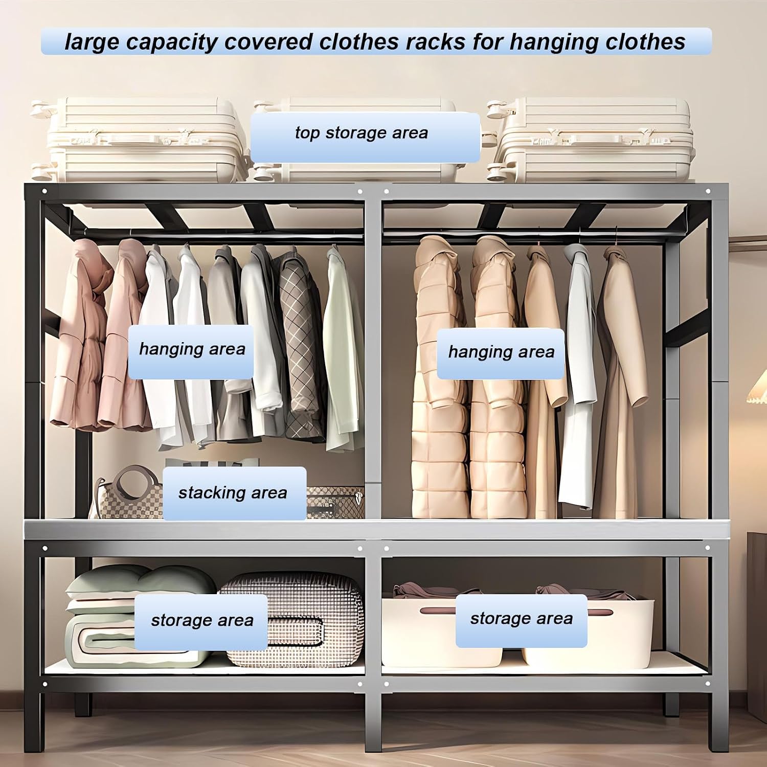Heavy Duty Rolling Covered Metal Garment Rack with Lockable Wheels and Door, Load 2000lbs, Portable Closets for Hanging Clothes, Large Capacity 360°Enclosed Clothing Racks (A, 33.5in/85cm)