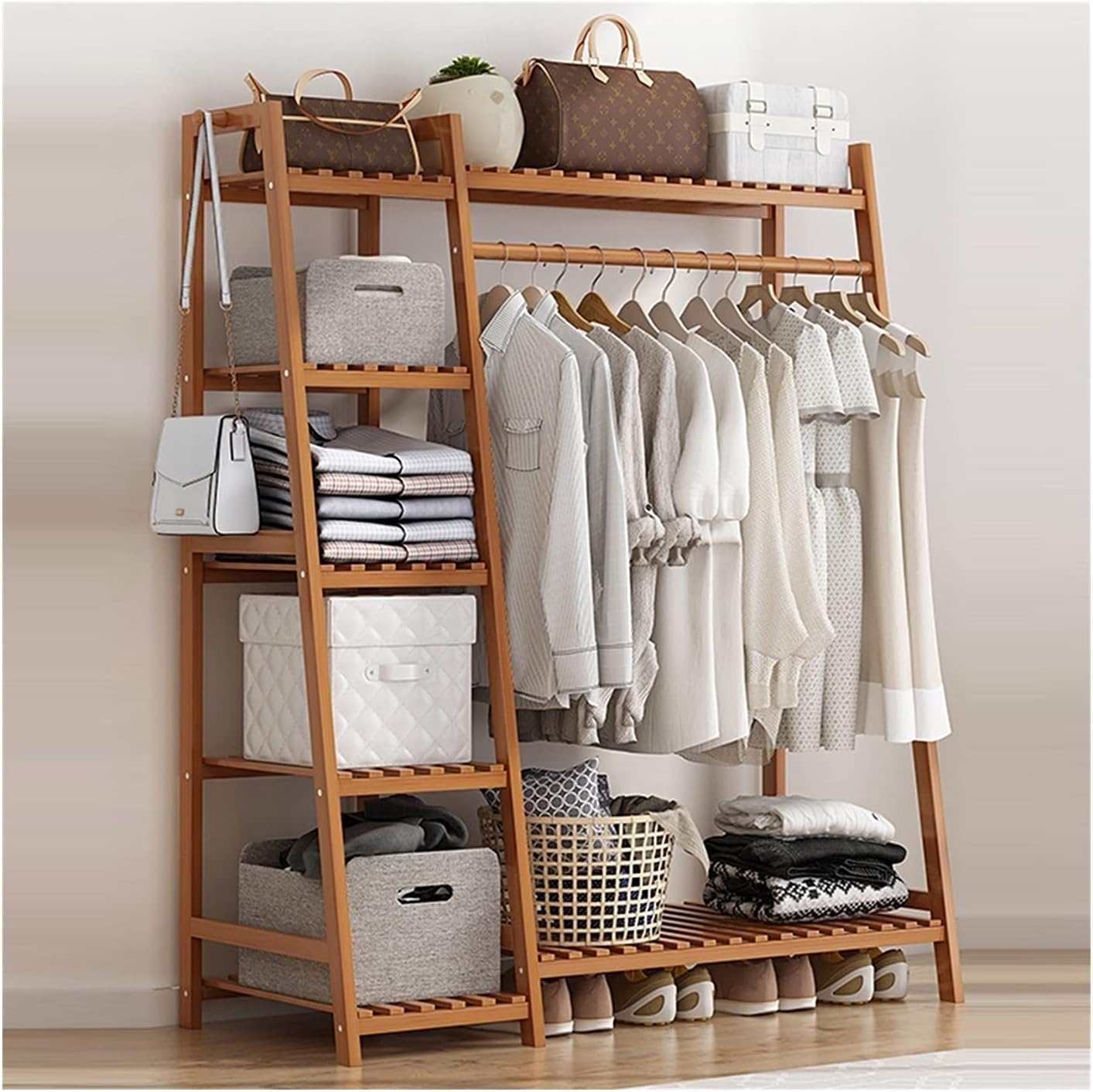 Bamboo Shoe Bench Coat Stand Rack Hanger Organizer with Heavy Duty Garment Rack Standing Closet Storage Open Wardrobe for Hanging Clothes and Storage 130Cm,OneColor