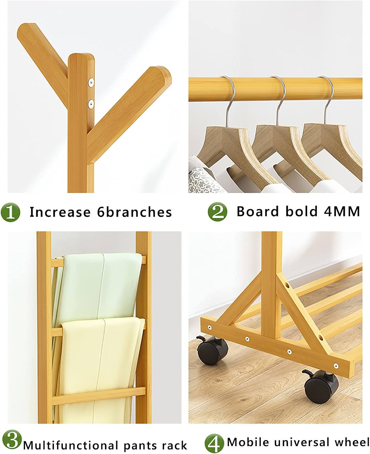 Clothes Rack,Bamboo Garment Coat Clothes Hanging,Freestanding Hanger 6 Side Hooks,with Wheels,for Home Bedroom Entryway