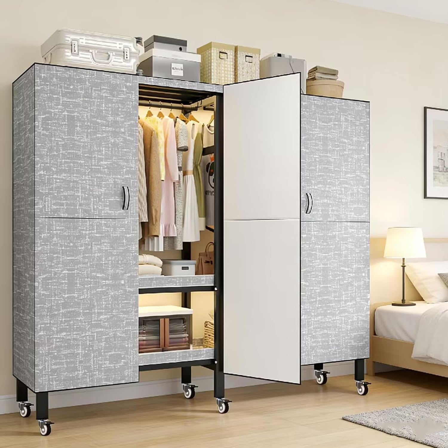 Foldable Portable Wardrobe On Wheels, Freestanding Garment Rack, with Magnetic Door 2000lbs, Heavy Duty Clothes Rack, for Bedroom Closet Systems (Grey, 85CM/33.4IN)