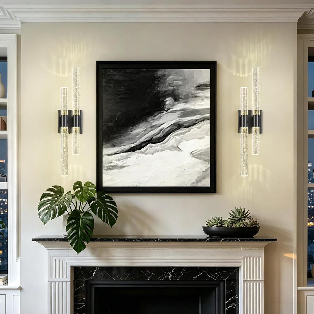 Crystal Wall Sconces Set of Two Black Wall Sconce Hardwired LED Bathroom Vanity Light Fixtures 21.25in 4000K Vertical and Horizontal Wall Mounted Sconces for Bedroom, Living Room, Hallway