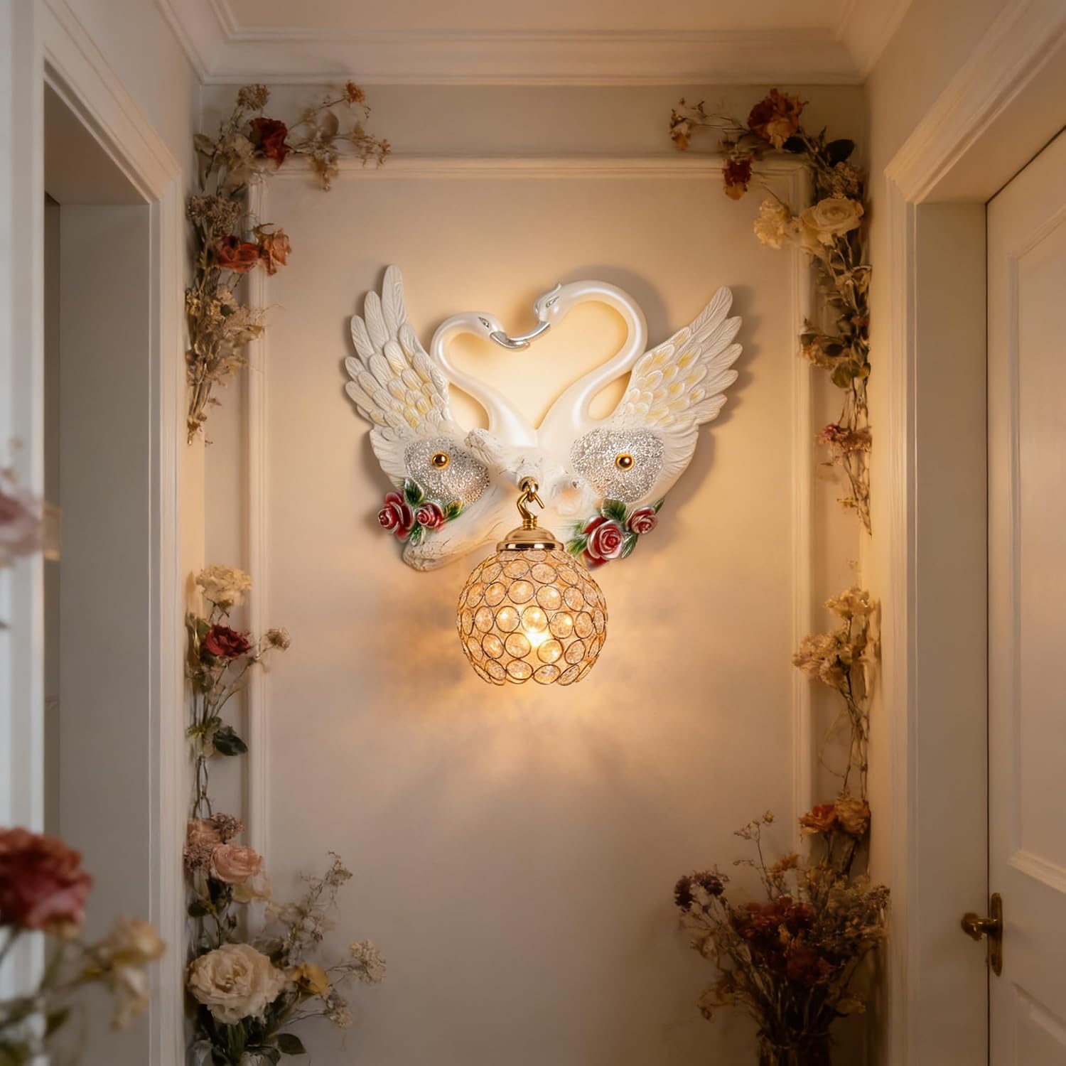 Large White Wall Sconces Crystal Glass Wall Mount Light Luxury Resin Floral Art Deco E26 Modern Wall Light Fixtures for Bedroom, Living Room, Nursery, Hallway