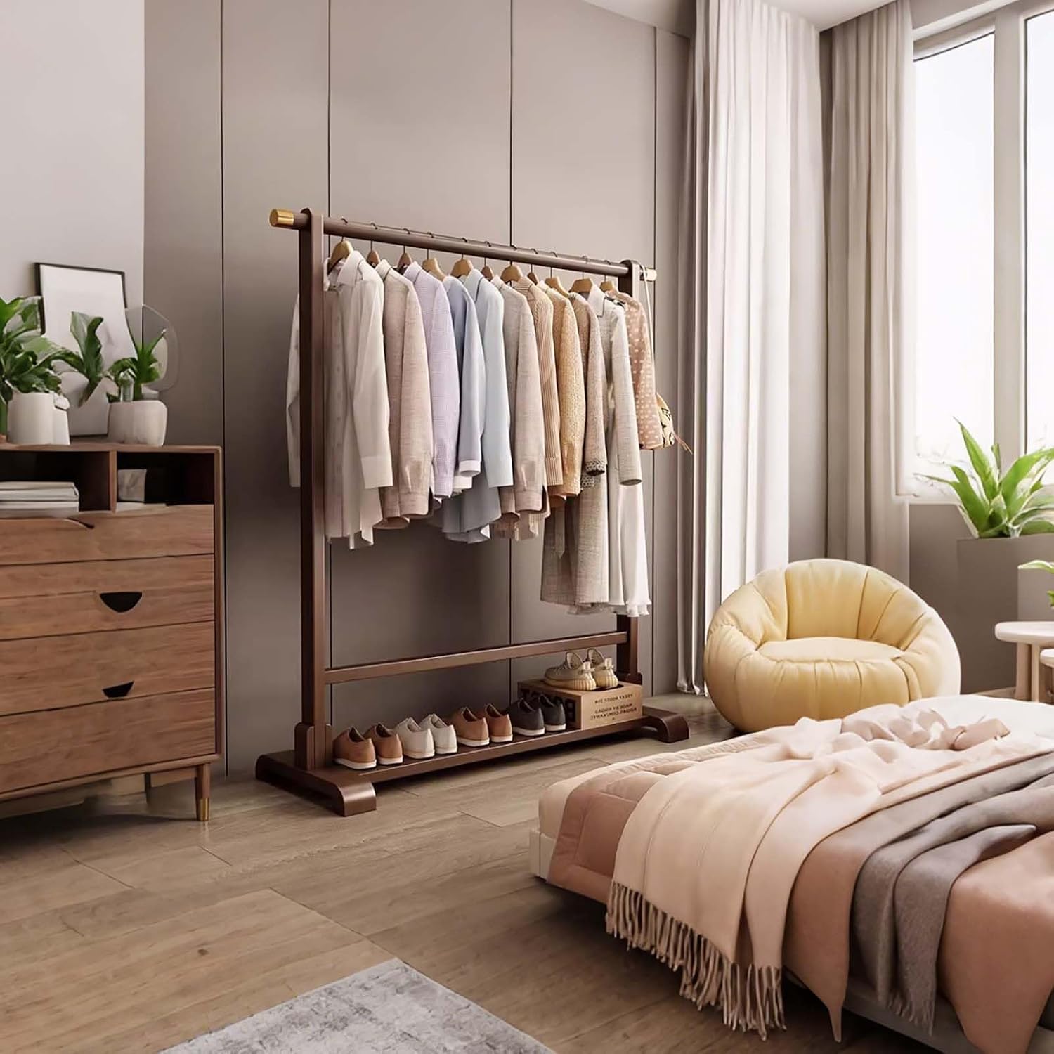 Bamboo Clothes Rack, Garment Rack with Shelf, Clothing Rack for Hanging Clothes, Coats, Skirts, Shoes, Bags, Easy Assembly(Brown,60CM/23.6IN)