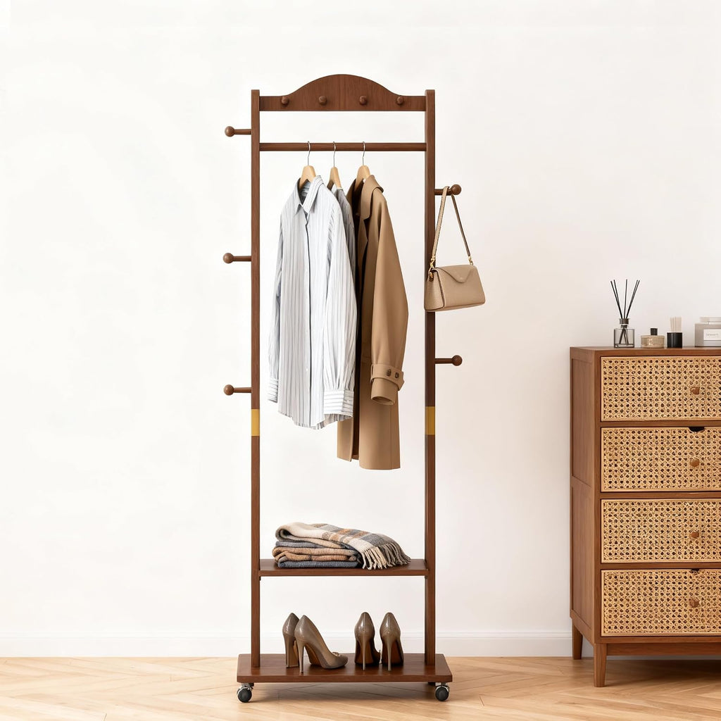 High-Grade Rubber Wood Coat Rack, Easy To Assemble, With 9 side hooks,With 2 partitions, Mobile Rollers, Multifunctional Coat Rack Suitable for Suitable for hanging clothes, hats,storing shoes.