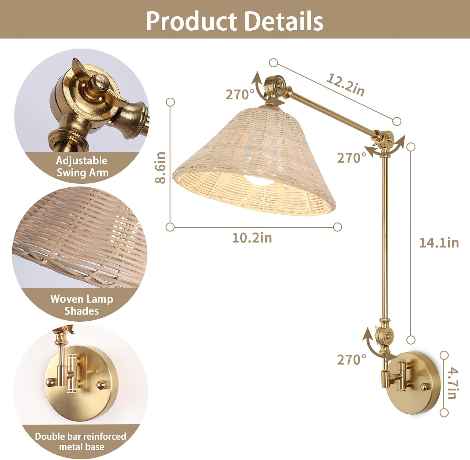 Bamboo Battery Operated Wall Sconce Set of 2, Rattan Swing Arm Wall Lamp, Gold Vintage Bedside Light Fixture, Hand Woven Boho Wall Mounted Lighting Fixture for Bedroom, Living Room