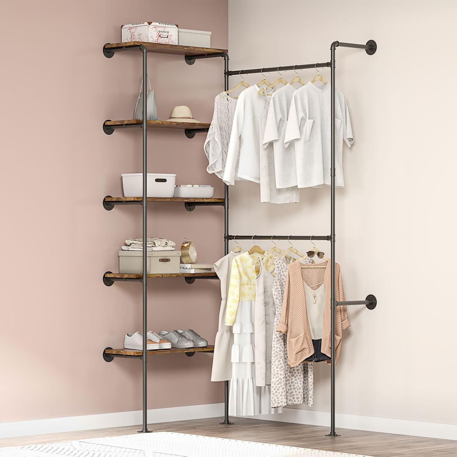 Industrial Pipe Clothing Rack, Wall Mounted DIY Garment Rack with 2 Adjustable Rod & 5 Shelves, Heavy Duty Closet Organizers System in Wardrobe Closet, Black