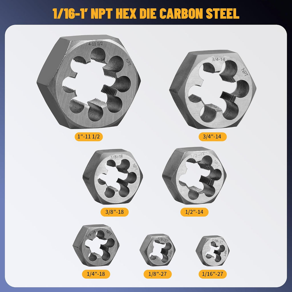 NPT Pipe Tap and Die Set, Hex Die Set 1/16', 1/8', 1/4', 3/8', 1/2', 3/4' and 1', 15pcs High Speed Steel Taps Carbon Steel Dies