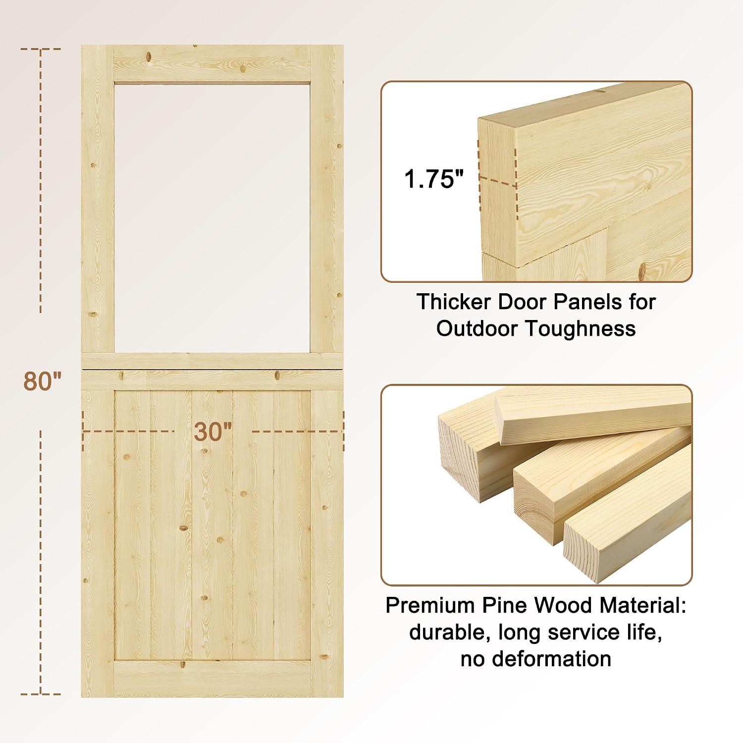 Interior & Exterior Dutch Door Slab, 30' x 80', Universal Tempered Clear Glass Split Single Doors, Solid Core Home Door, Natural Pine Wood - with 4 Black Hinges & 1 Latch, Without Jamb