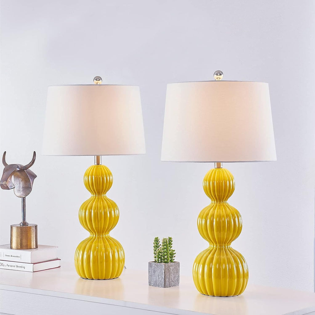 Maxax 28' Ceramic Table Lamps Set of 2, Modern Triple Gourd Bedside Lamps for Bedroom, 3-Way Dimmable Large Yellow Nightstand Lamp with White Drum Shade for Living Room, Office