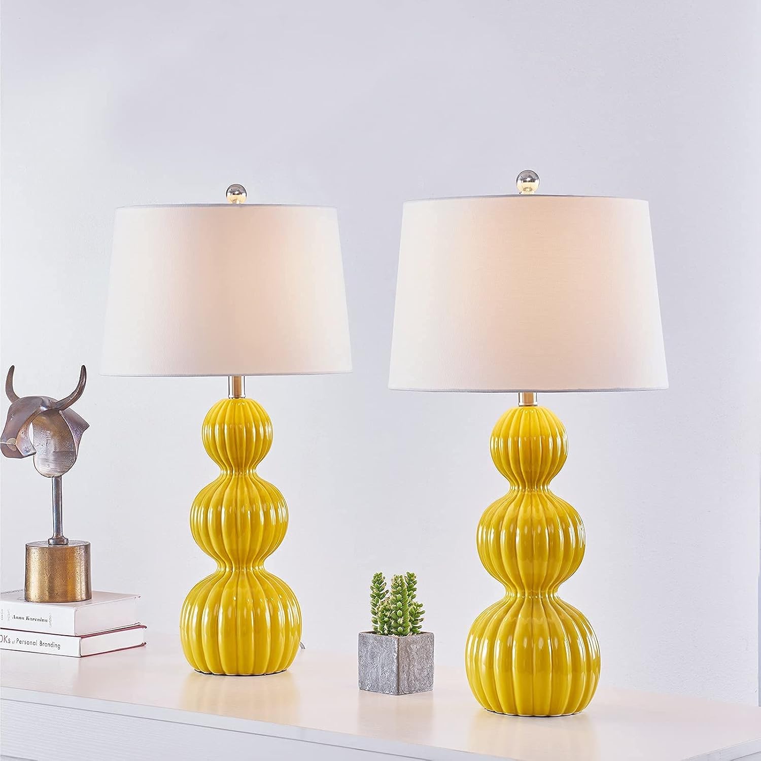 Maxax 28' Ceramic Table Lamps Set of 2, Modern Triple Gourd Bedside Lamps for Bedroom, 3-Way Dimmable Large Yellow Nightstand Lamp with White Drum Shade for Living Room, Office