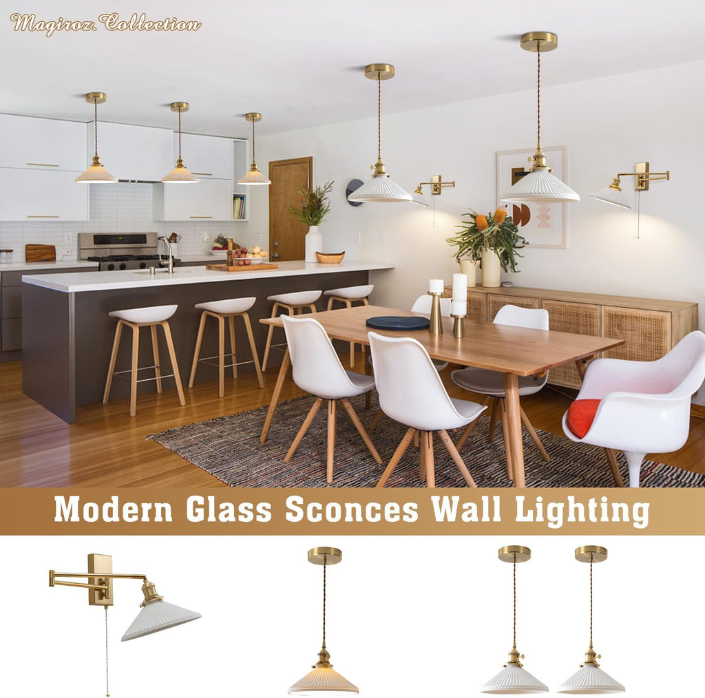 Swing Arm Sconces 2pk, Brushed Gold Hardwired Wall Lamp Pull Chain | Adjustable swing arm wall sconces in brushed gold with frosted glass; 180° rotation for bedside and vanity use; E26 base
