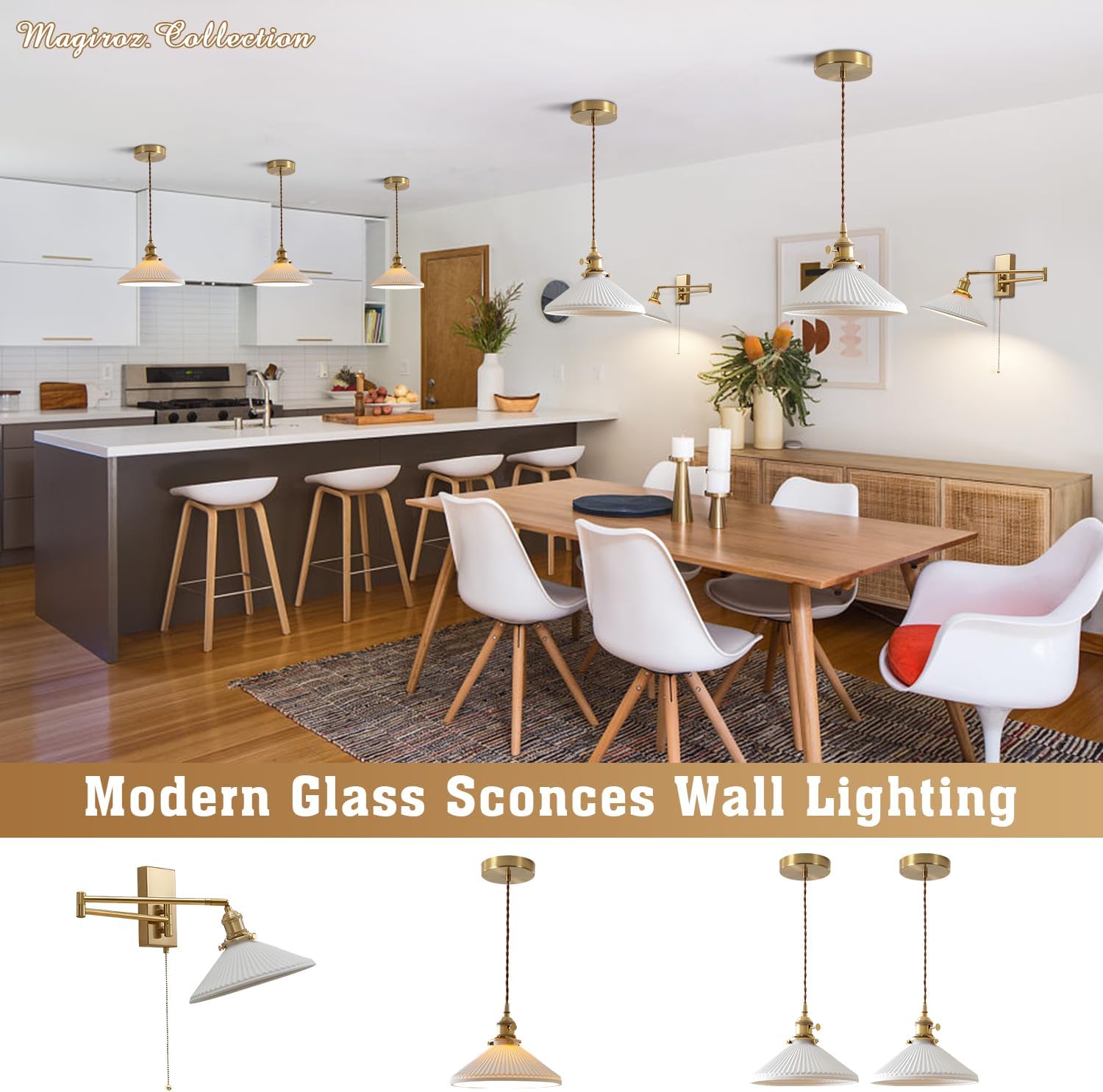 Swing Arm Sconces 2pk, Brushed Gold Hardwired Wall Lamp Pull Chain | Adjustable swing arm wall sconces in brushed gold with frosted glass; 180° rotation for bedside and vanity use; E26 base