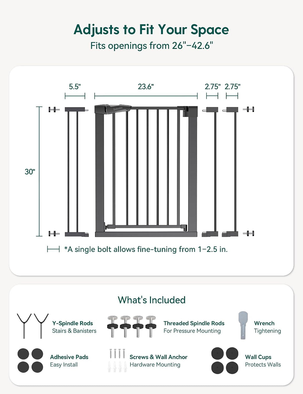 Babelio 26-40' Wide Baby Gate for Stairs & Doorways, 3 Ways Locking System with Auto-Close, Pressure Mounted No Drilling, Easy Install for Stairs, Hallway, Kitchen, Indoor Use, Black (2 Pack)
