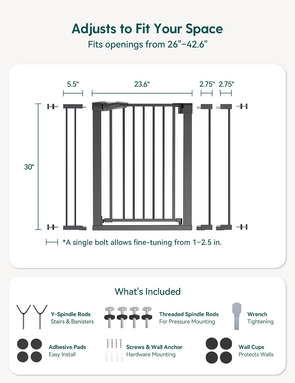 Babelio 26-40' Wide Baby Gate for Stairs & Doorways, 3 Ways Locking System with Auto-Close, Pressure Mounted No Drilling, Easy Install for Stairs, Hallway, Kitchen, Indoor Use, Black (2 Pack)