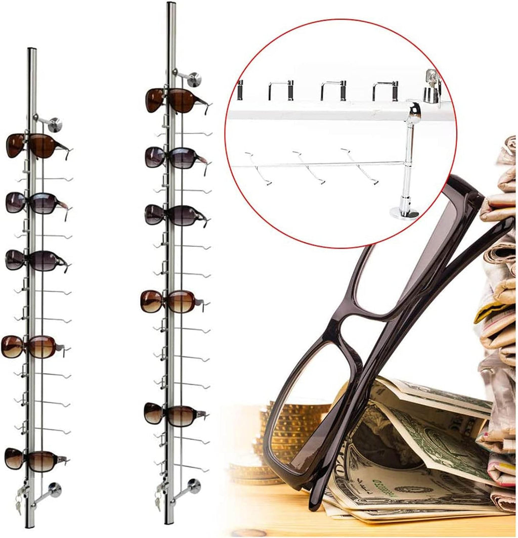 10Pcs Aluminum Sunglass Holder with Lock Wall-Mounted Sunglasses Rack Organizer Storage Eyewear Glasses Display Stand Eyeglass Decorative Display Rod,Hold 12 Frames