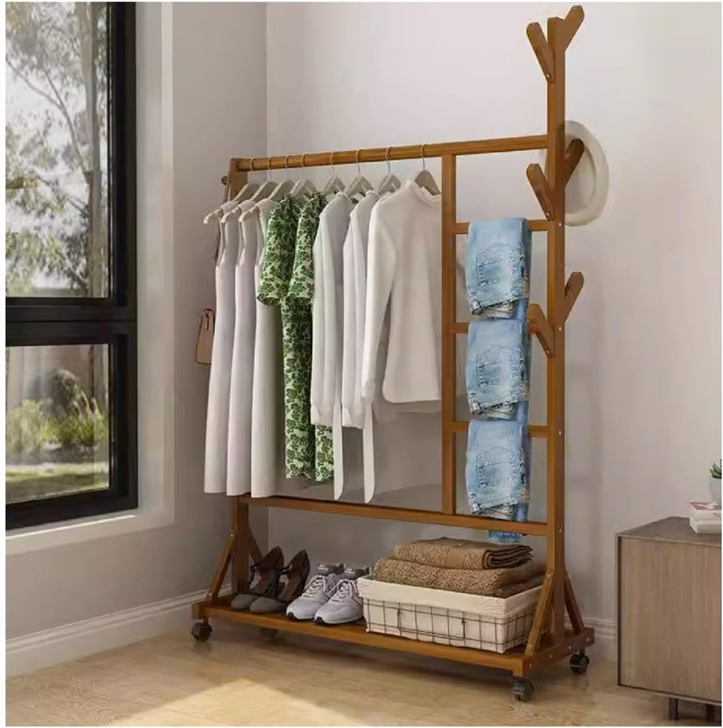 Clothes Rail Garment Rack Bamboo Coat Rack, Freestanding Home Drying Rack Floor Hanging Clothes Rack Hat Handbag Hanger Hall Hanging Rods Bottom With Storage Rack, Shoe Rack(Brown,100X38X158CM-B)
