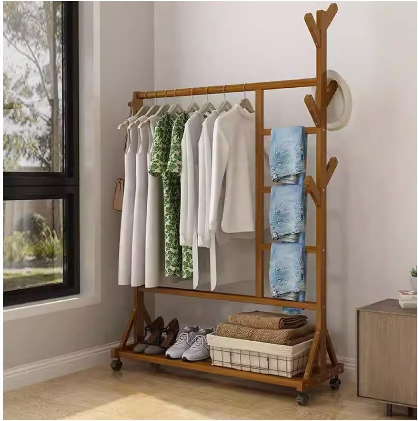 Clothes Rail Garment Rack Bamboo Coat Rack, Freestanding Home Drying Rack Floor Hanging Clothes Rack Hat Handbag Hanger Hall Hanging Rods Bottom With Storage Rack, Shoe Rack(Brown,100X38X158CM-B)