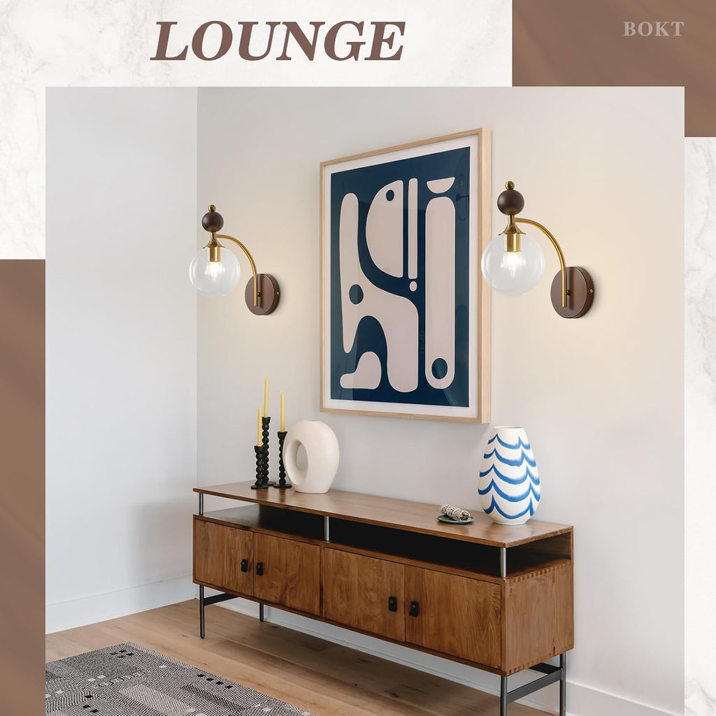 BOKT Gold Wall Sconces 2 Pack Vintage Clear Wall Mounted Lamp Mid Century Modern Wall Sconce Light Set of Two Vanity Light Fixtures Over Mirror Minimalist Glass Wall Sconce