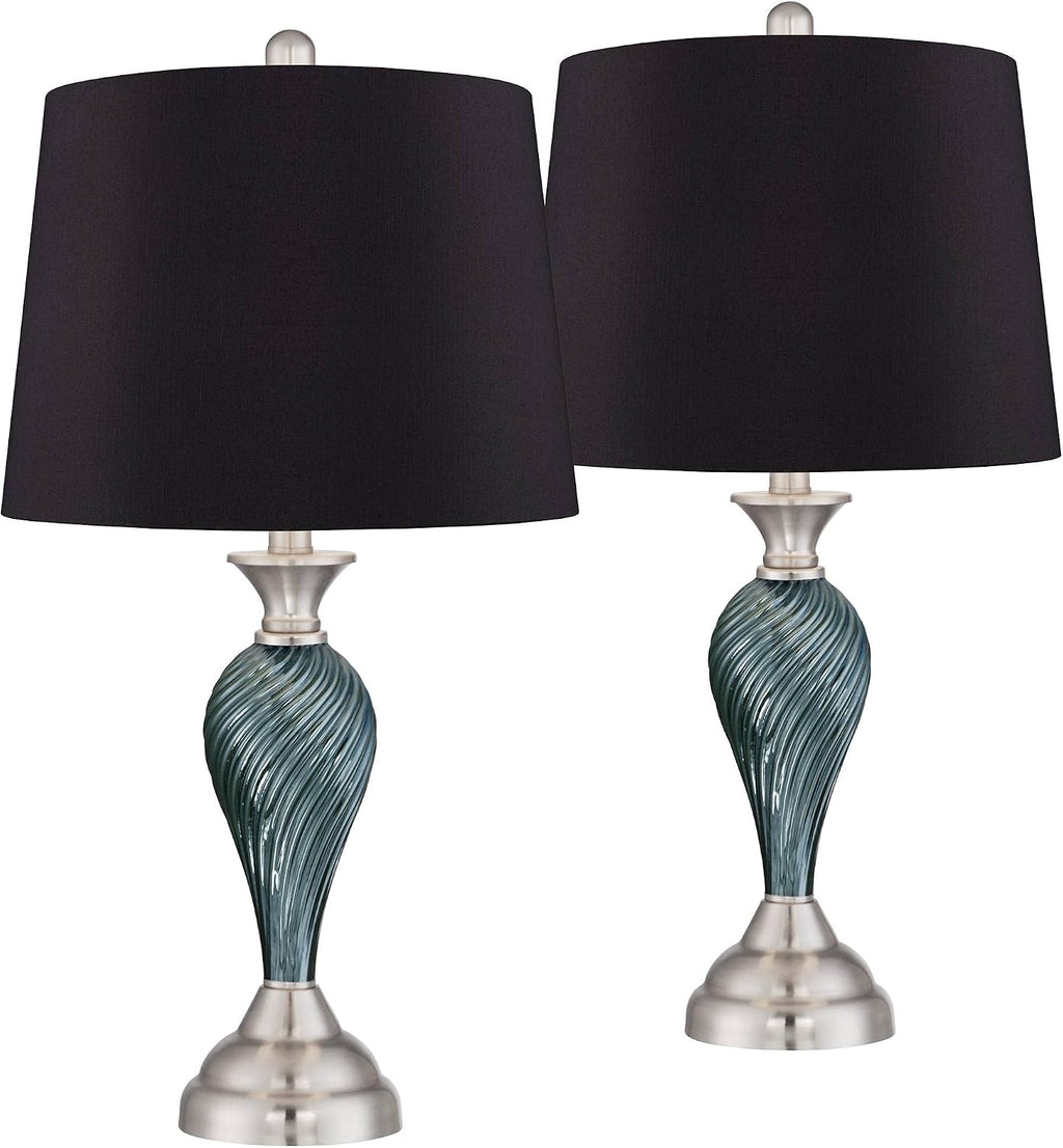 Regency Hill Arden 25' High Twist Modern Coastal Table Lamps Set of 2 Green-Blue Glass Black Shade Living Room Bedroom Bedside Nightstand House Office Home Reading Kitchen Entryway Console Family