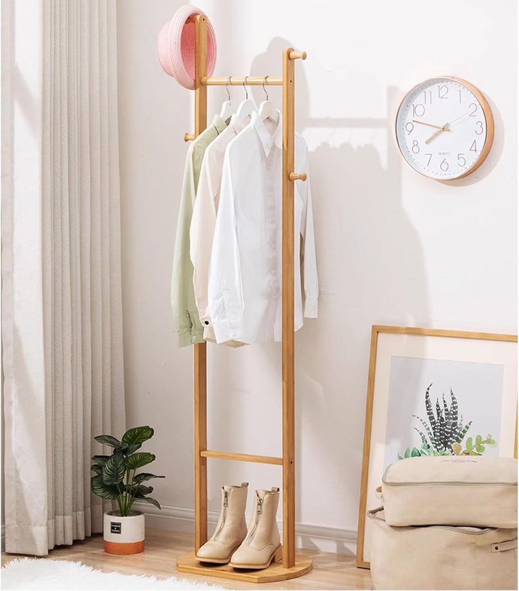 Garment Rack Bamboo Clothing Rack Corner Coat Rack Stand Hall Trees Free Standing Clothes Hanging Rail With Shelves And 4 Hooks For Entryway Bedroom Living Room, 40X30X162CM(Color:Wood color)