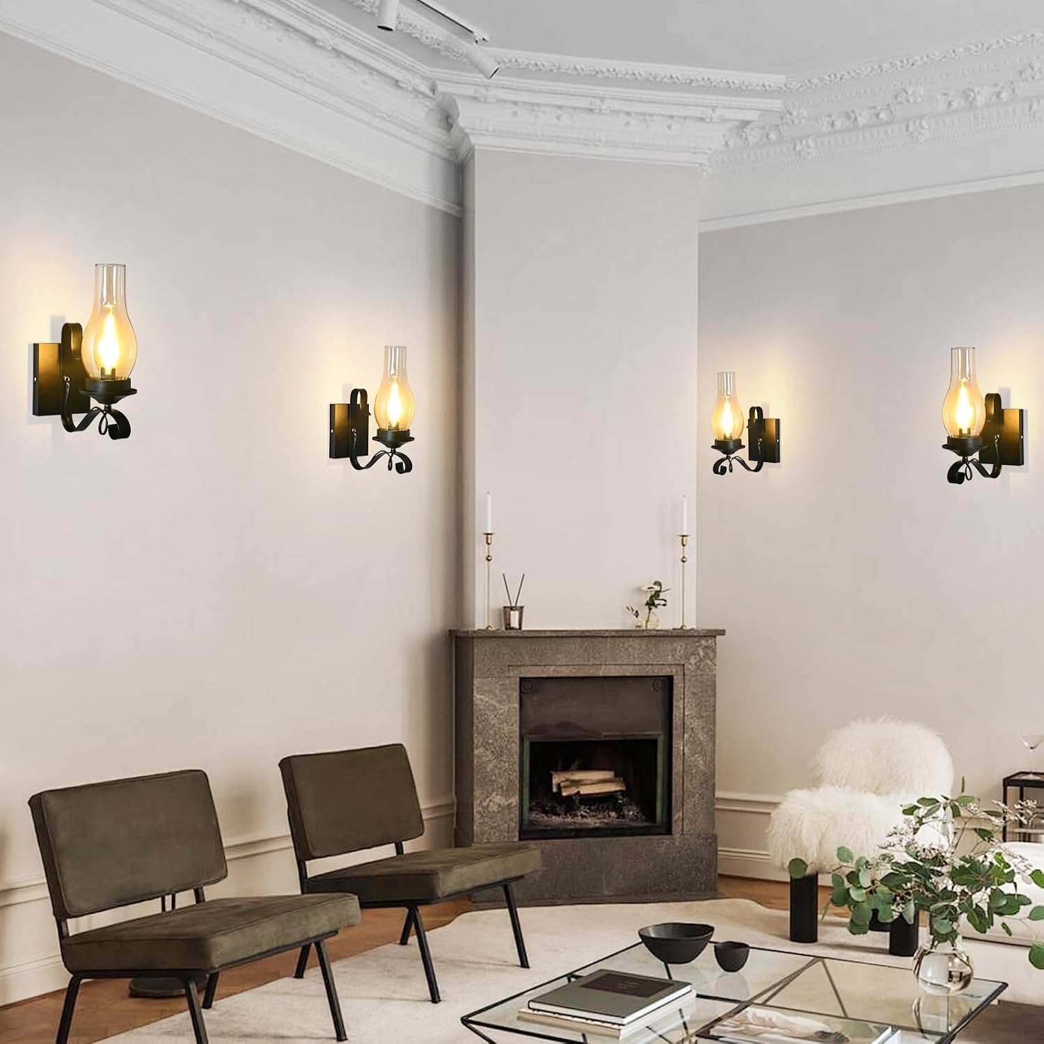 Rustic Wall Sconces, Black Farmhouse Industrial Wall Sconce with Amber Glass, Vintage Retro Wall Lamps, Indoor Wall Lighting Lantern for Bedroom Living Room Bathroom (4 Pack Hardwired)