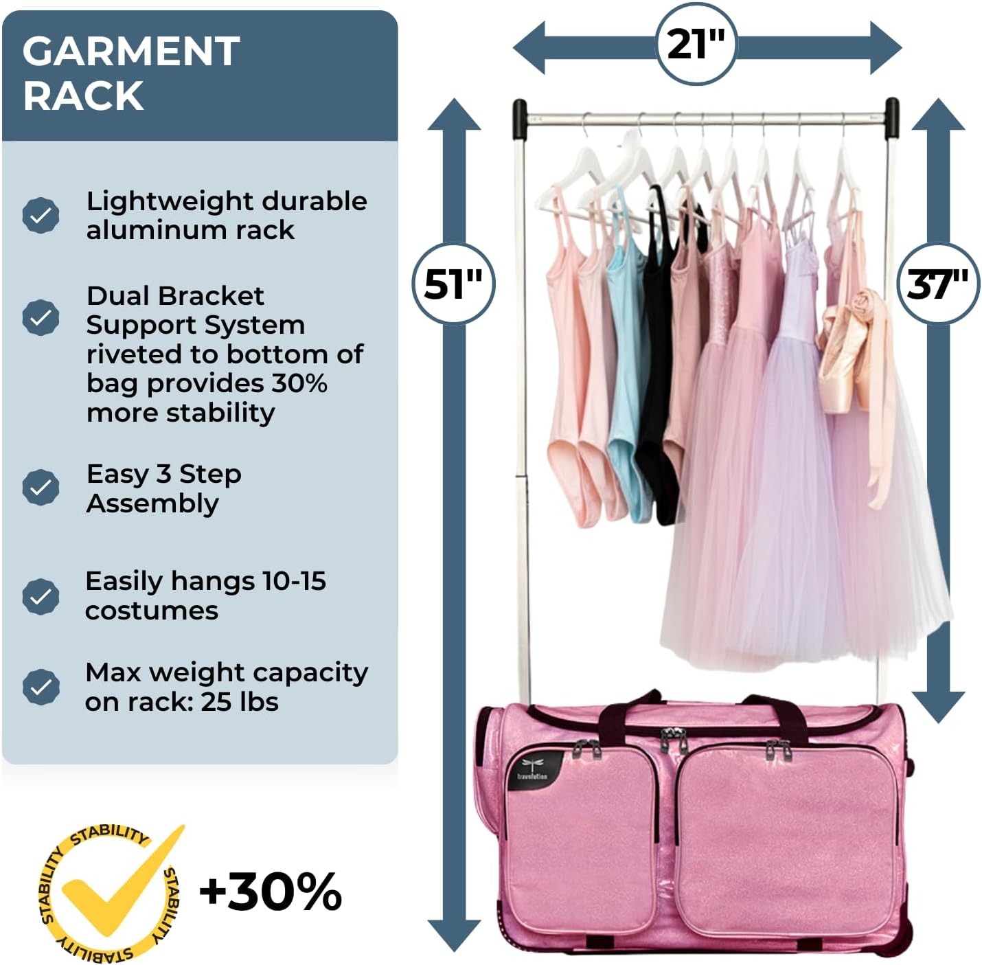 Travolution NEW Glittering Dance Bag with Garment Rack, 23 Inch Rolling Duffel With Wheels, Ideal for Competitions & Travel, Easy-assembly Lightweight Aluminum Clothes Rack (Glitter Blue)