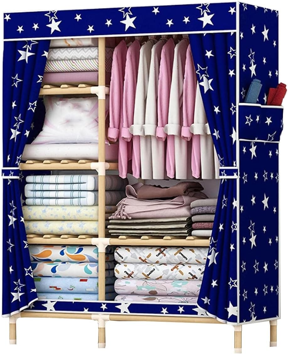 Bamboo Garment Rack With 6 Storage Shelves And Rod For Hanging Clothes Freestanding Wardrobe Closet For Bedroom And Living Room (Color : Blue, Size : 100x45x170cm)