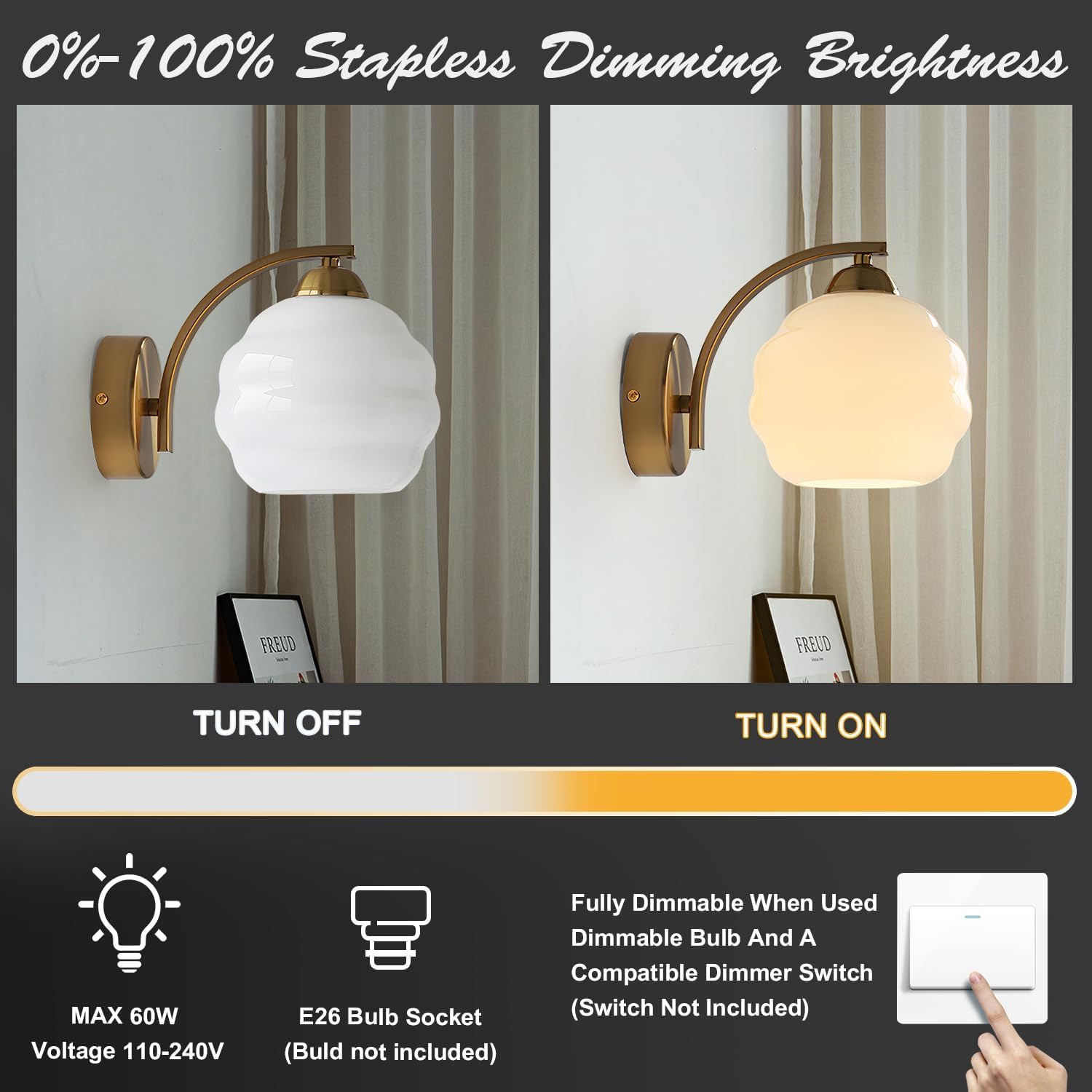 Gold Wall Sconces Set of 2 Modern Industrial Bathroom Vanity Sconces Wall Lighting Indoor Brushed Brass Wall Sconces Golden Globe Glass Wall Lamp for Bedroom, Living Room MCL13W-2 (2Pack)