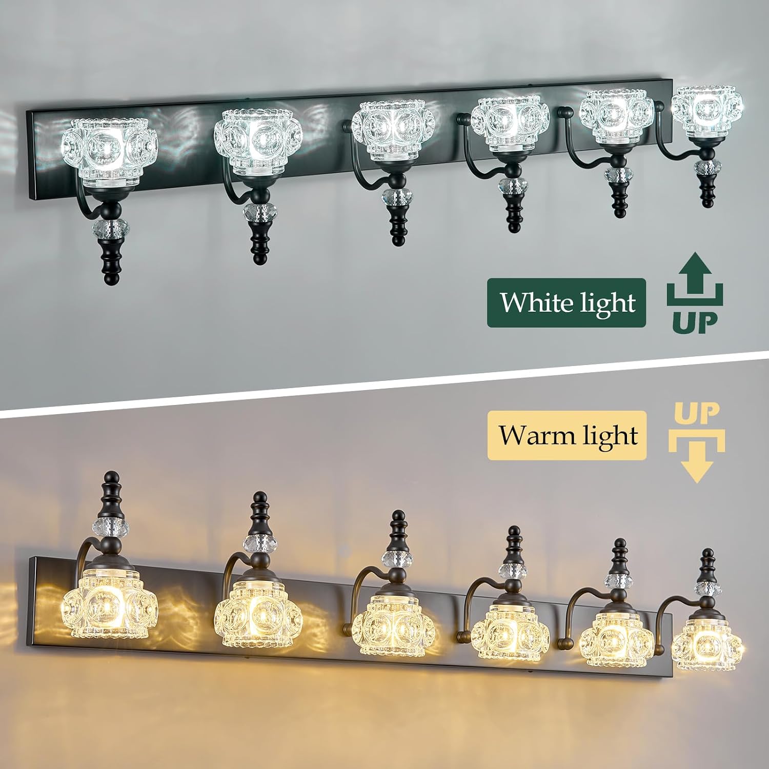 Modern Crystal Bathroom Vanity Light Black Vintage Bathroom Light Fixtures 6-Lights Glass Crystal Vanity Lights