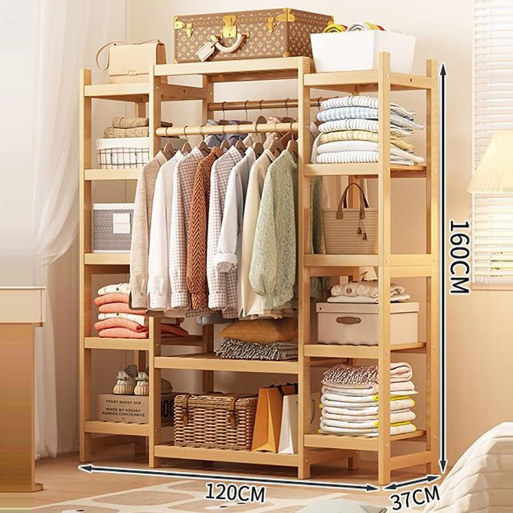 Bamboo Clothes Rail with 2 Hanging Rods and 11 Storage Shelves Portable Extra Large Garment Rack for Hallway Entryway Bedroom 160CM Height Wood Color Adjustable Sizes: 11