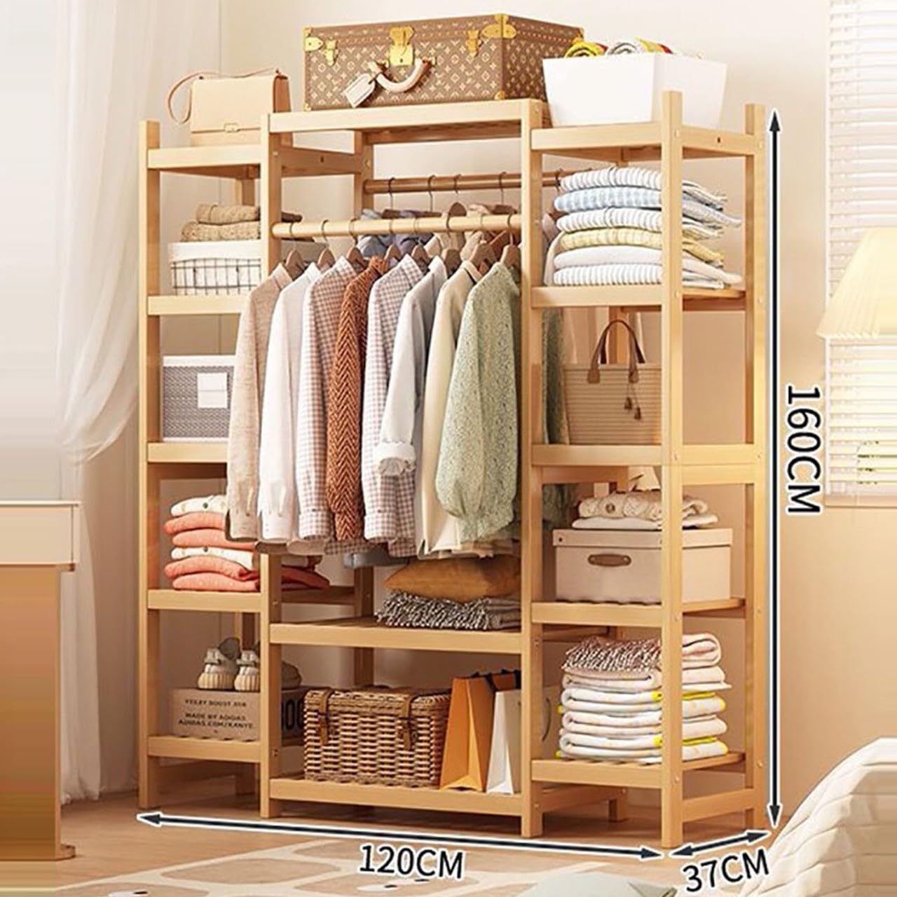 Bamboo Clothes Rail with 2 Hanging Rods and 11 Storage Shelves Portable Extra Large Garment Rack for Hallway Entryway Bedroom 160CM Height Wood Color Adjustable Sizes: 11