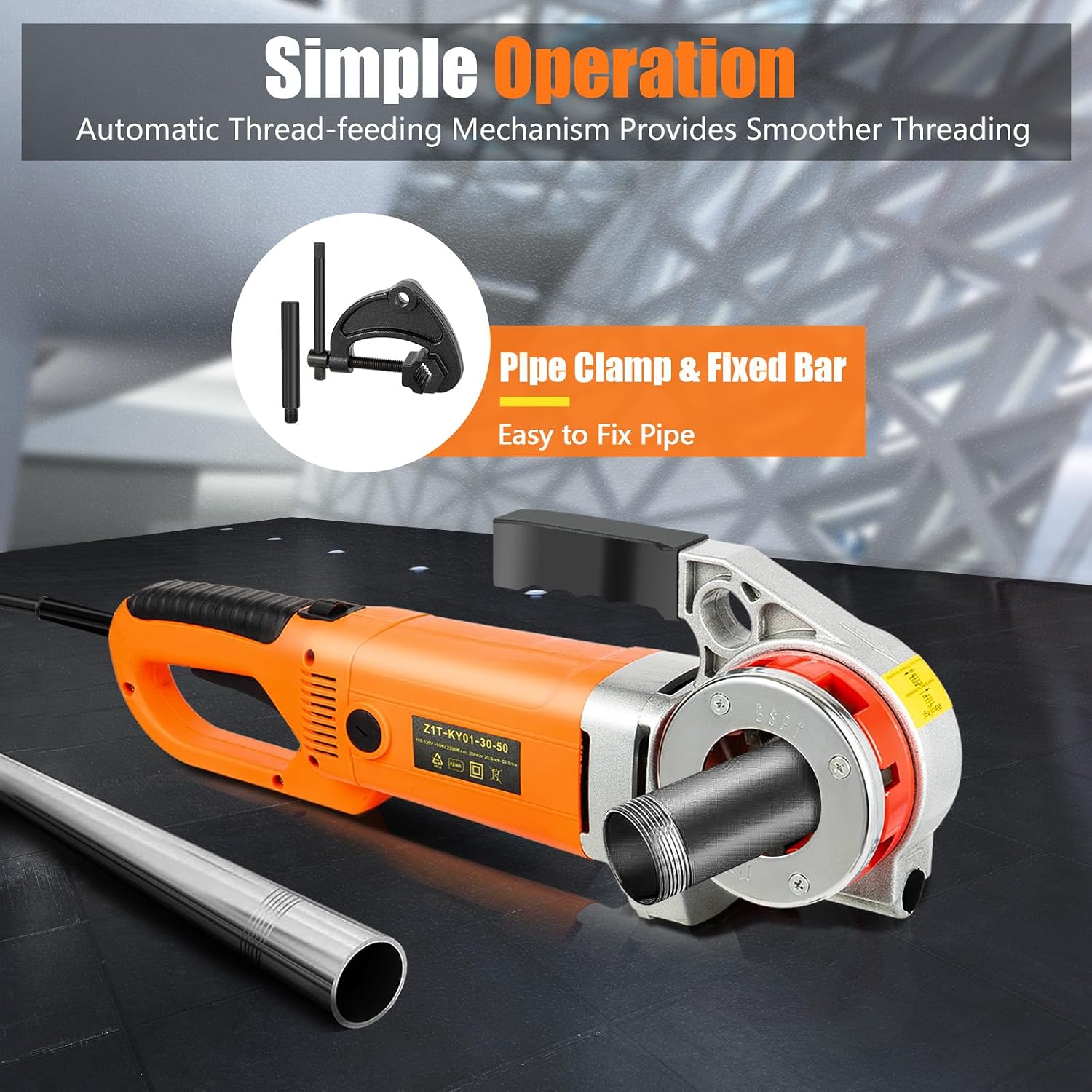 Electric Pipe Threader, 2300W Pipe Threading Machine Heavy-Duty Hand-Held Power Drive Kit Portable With 6 Dies 1/2-Inch to 2-Inch Pipe Threading Die Heads, Ratchet Pipe Threader Kit
